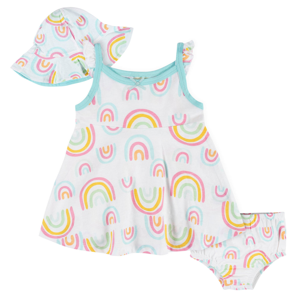 3-Piece Baby Girls Dots of Rainbows Dress, Diaper Cover & Sun Hat Set