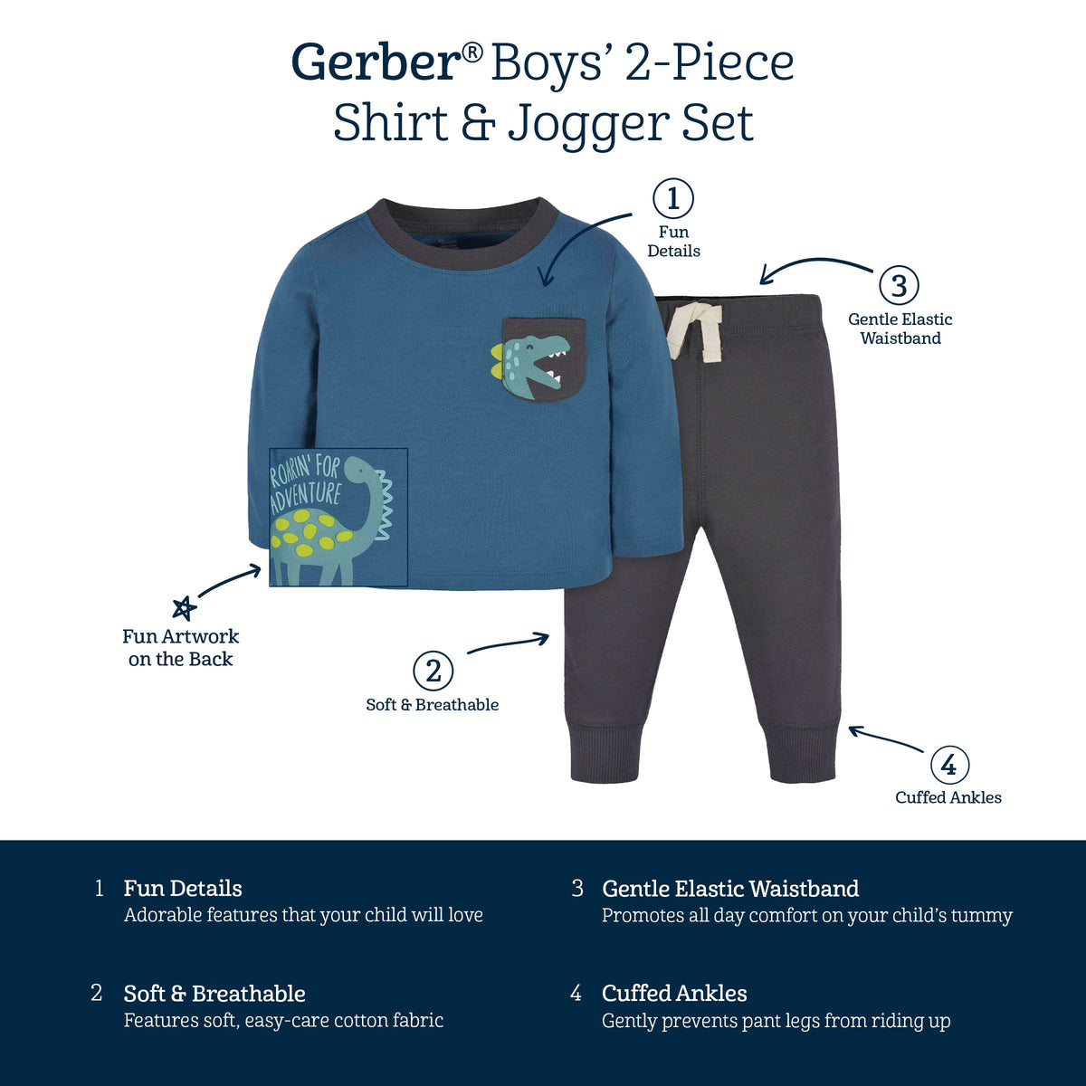 2-Piece Baby & Toddler Boys Navy Dino Long Sleeve Shirt & Jogger Pants Set-Gerber Childrenswear Wholesale