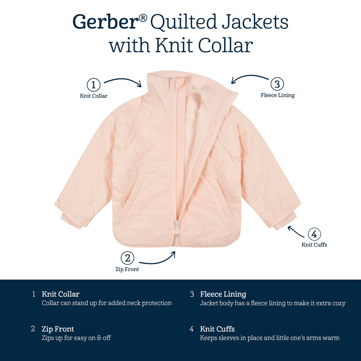 Infant & Toddler Girls Blush Pink Quilted Jacket-Gerber Childrenswear Wholesale
