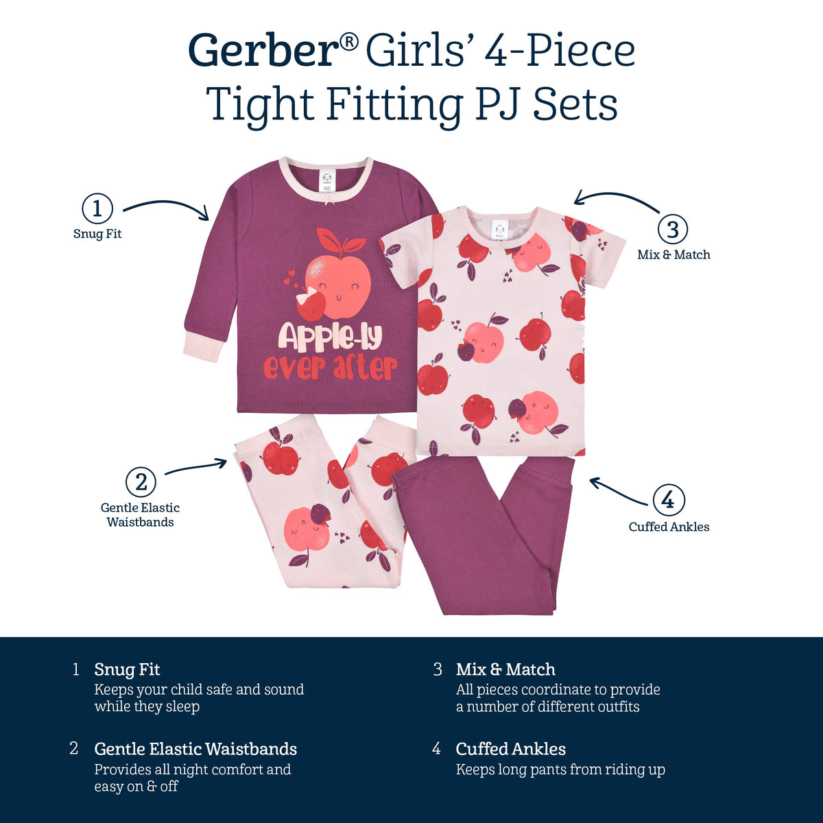 4-Piece Infant & Toddler Girls Apple Bouquets Snug Fit Cotton Pajamas-Gerber Childrenswear Wholesale