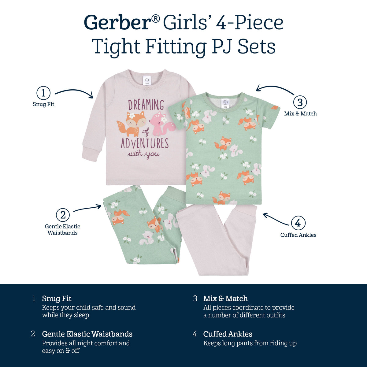 4-Piece Infant & Toddler Girls Purple Woodland Fox Snug Fit Cotton Pajamas-Gerber Childrenswear Wholesale