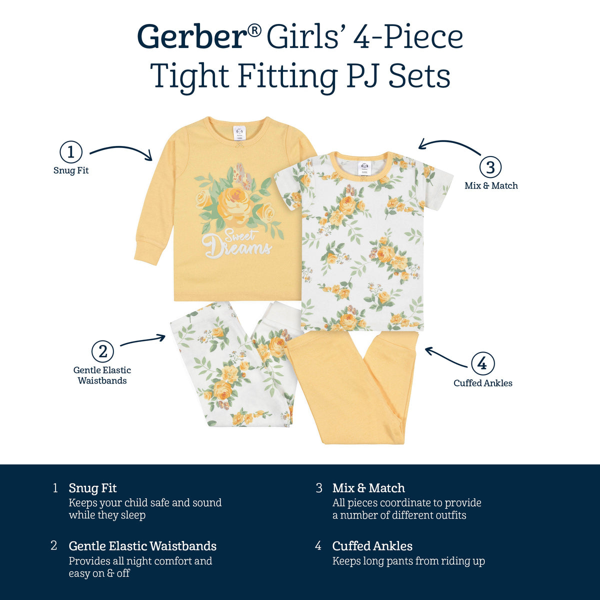 4-Piece Infant & Toddler Girls Golden Flowers Snug Fit Cotton Pajamas-Gerber Childrenswear Wholesale