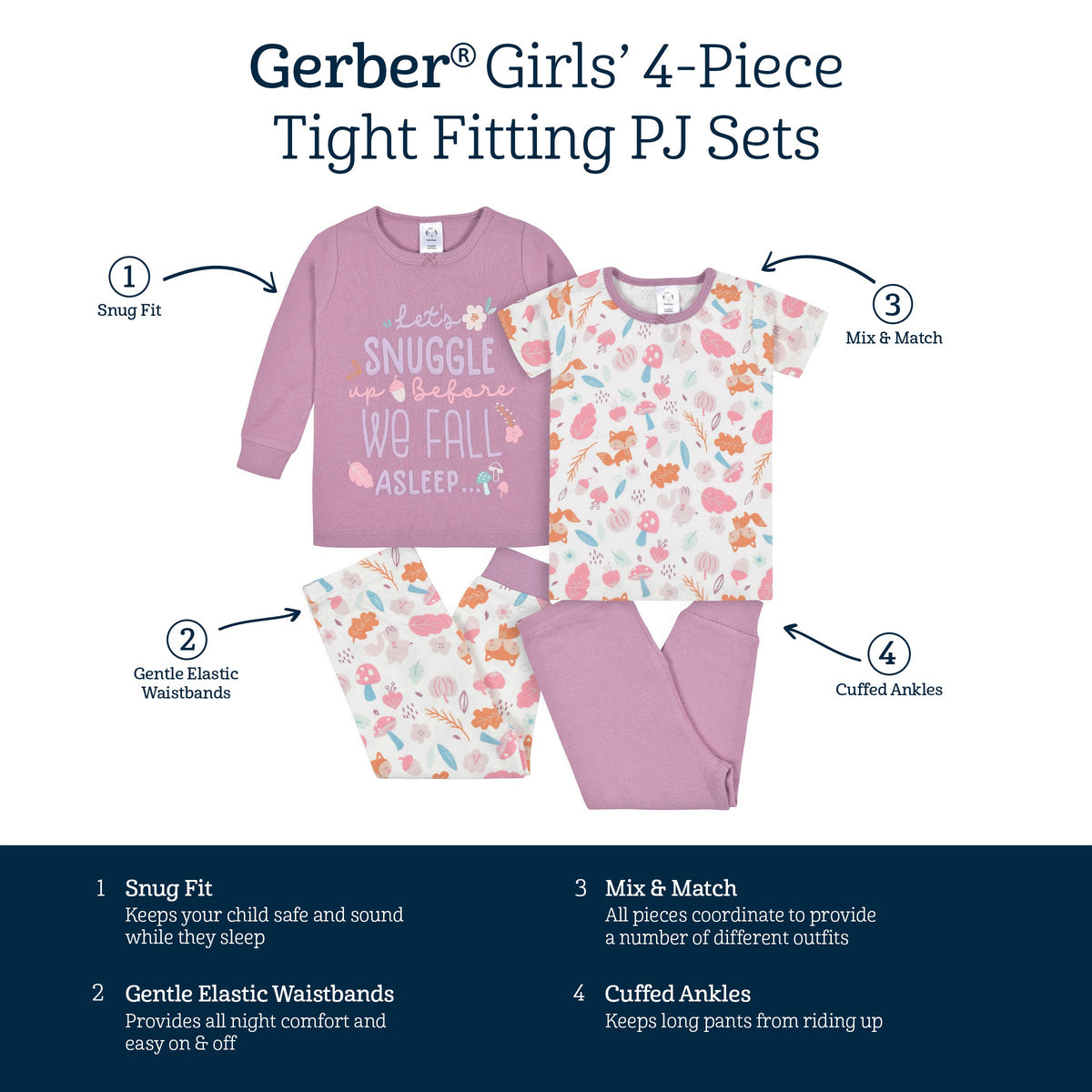 4-Piece Infant & Toddler Girls Purple Woodland Snug Fit Cotton Pajamas-Gerber Childrenswear Wholesale