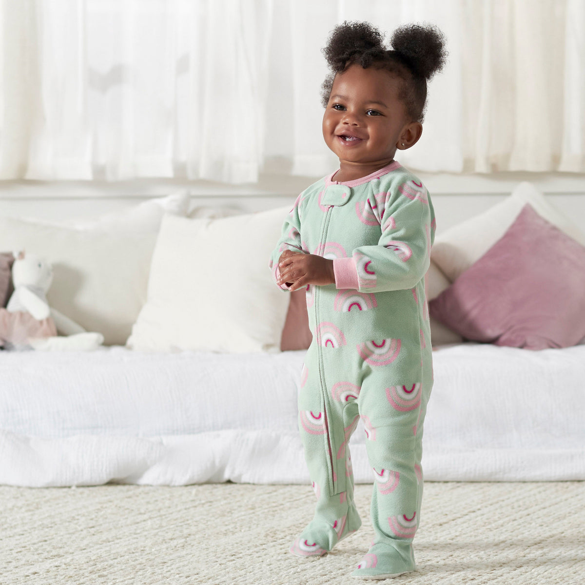 2-Pack Baby & Toddler Girls Green Rainbow Fleece Pajamas, lifestyle photo 1