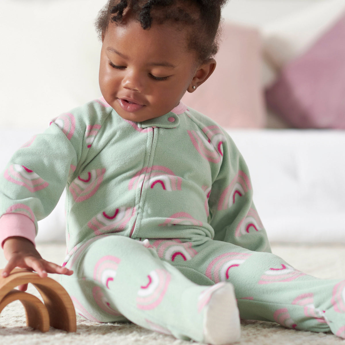 2-Pack Baby & Toddler Girls Green Rainbow Fleece Pajamas, lifestyle photo 2