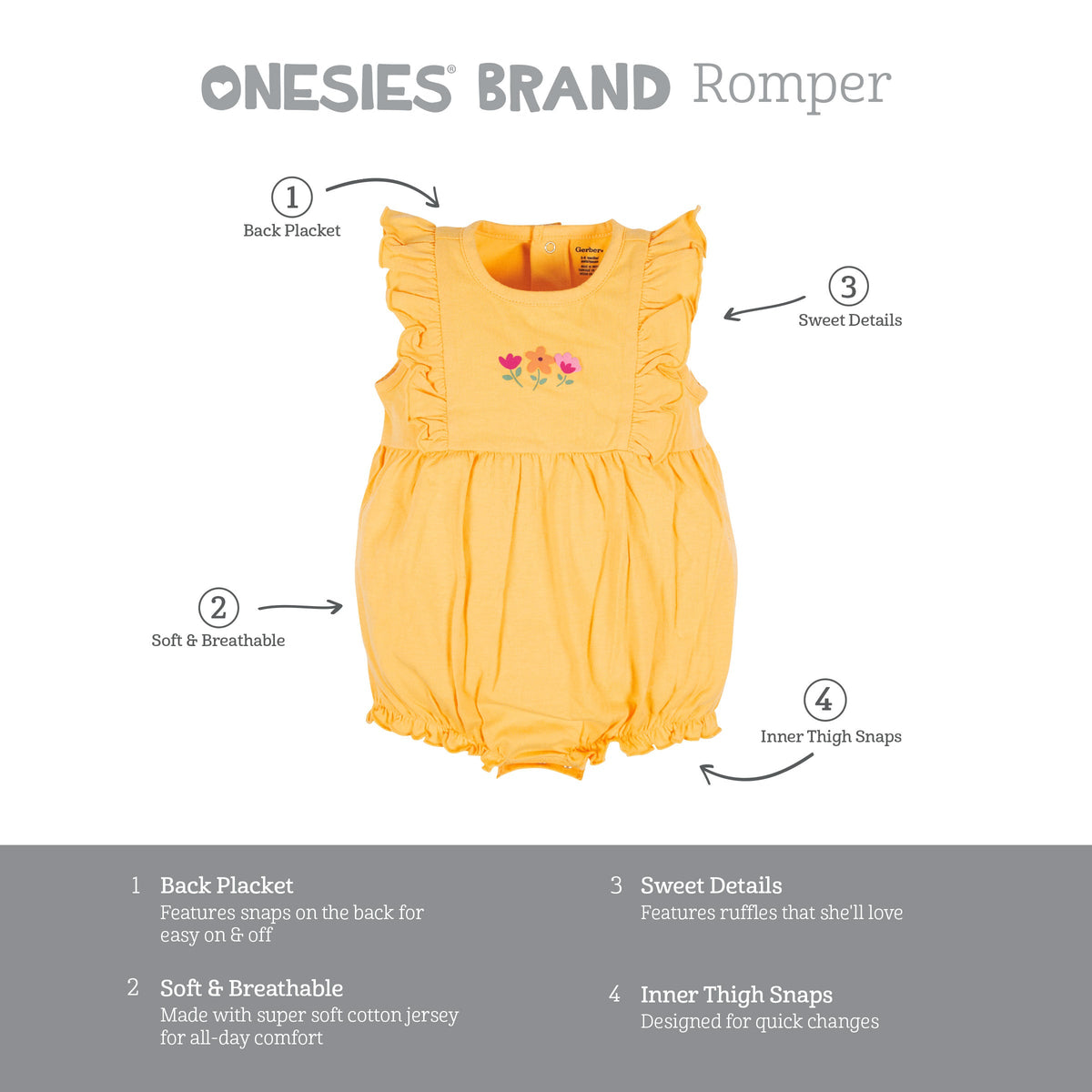 3-Pack Baby Girls Floral Fox Rompers, view 10