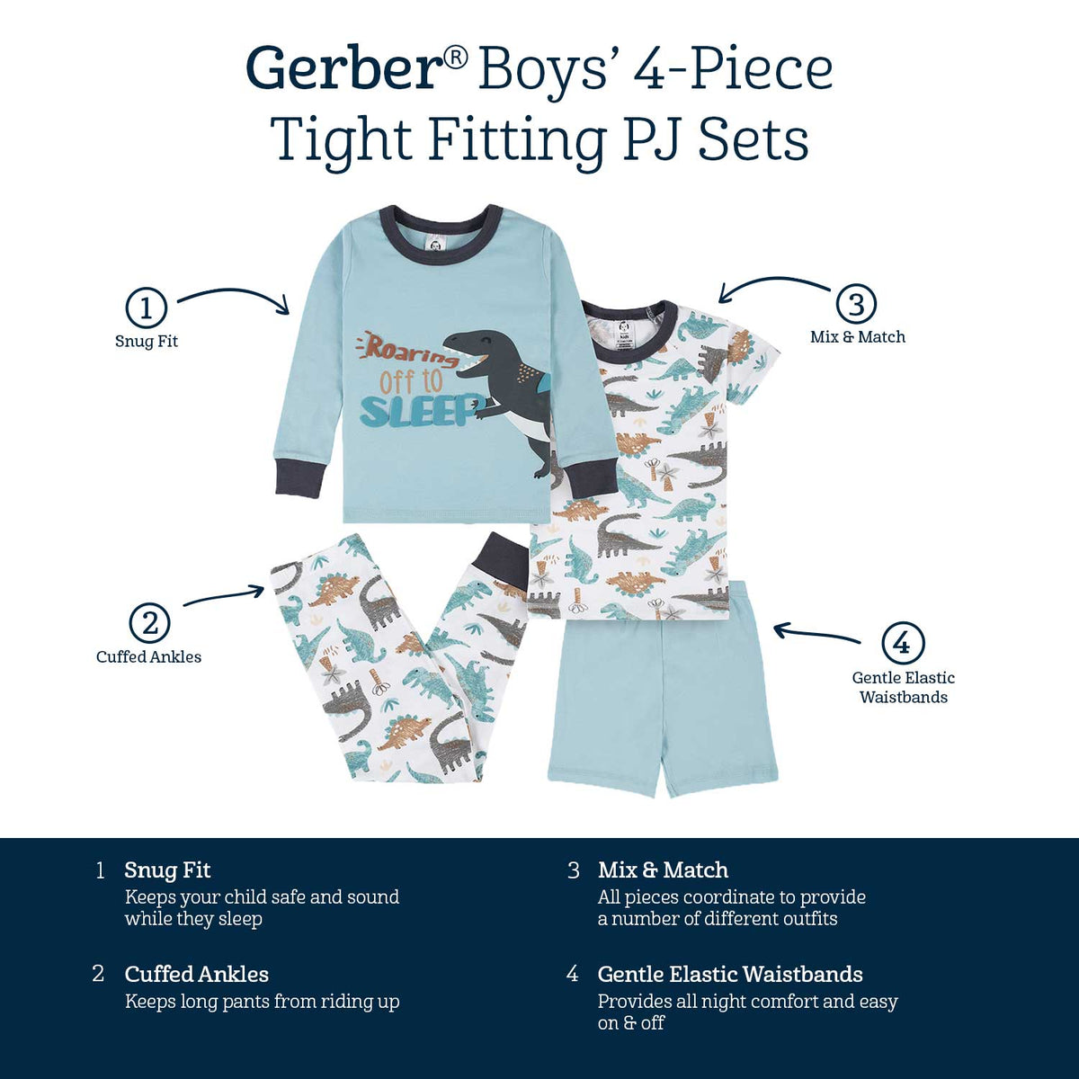 4-Piece Infant & Toddler Boys Dino Blues Snug Fit Cotton Pajamas-Gerber Childrenswear Wholesale