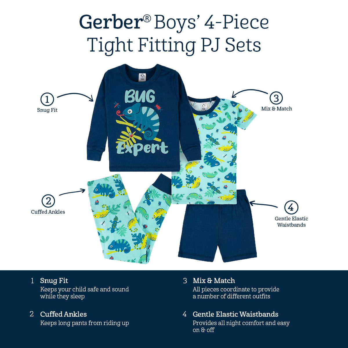 4-Piece Infant & Toddler Boys Bug Expert Snug Fit Cotton Pajamas-Gerber Childrenswear Wholesale