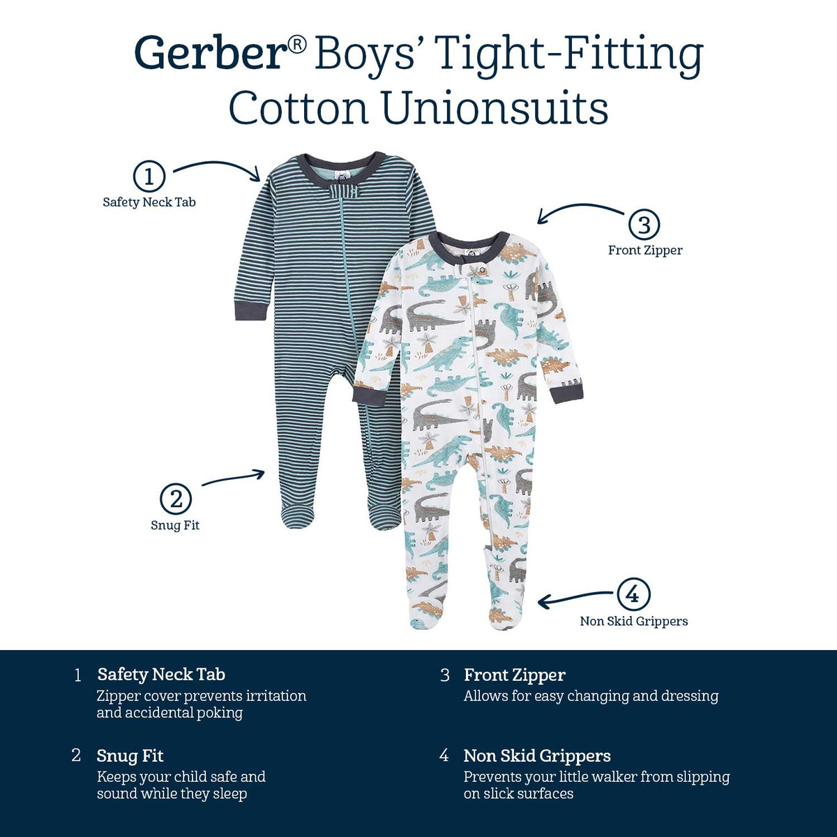 2-Pack Baby & Toddler Boys Dino Blues Snug Fit Footed Cotton Pajamas-Gerber Childrenswear Wholesale