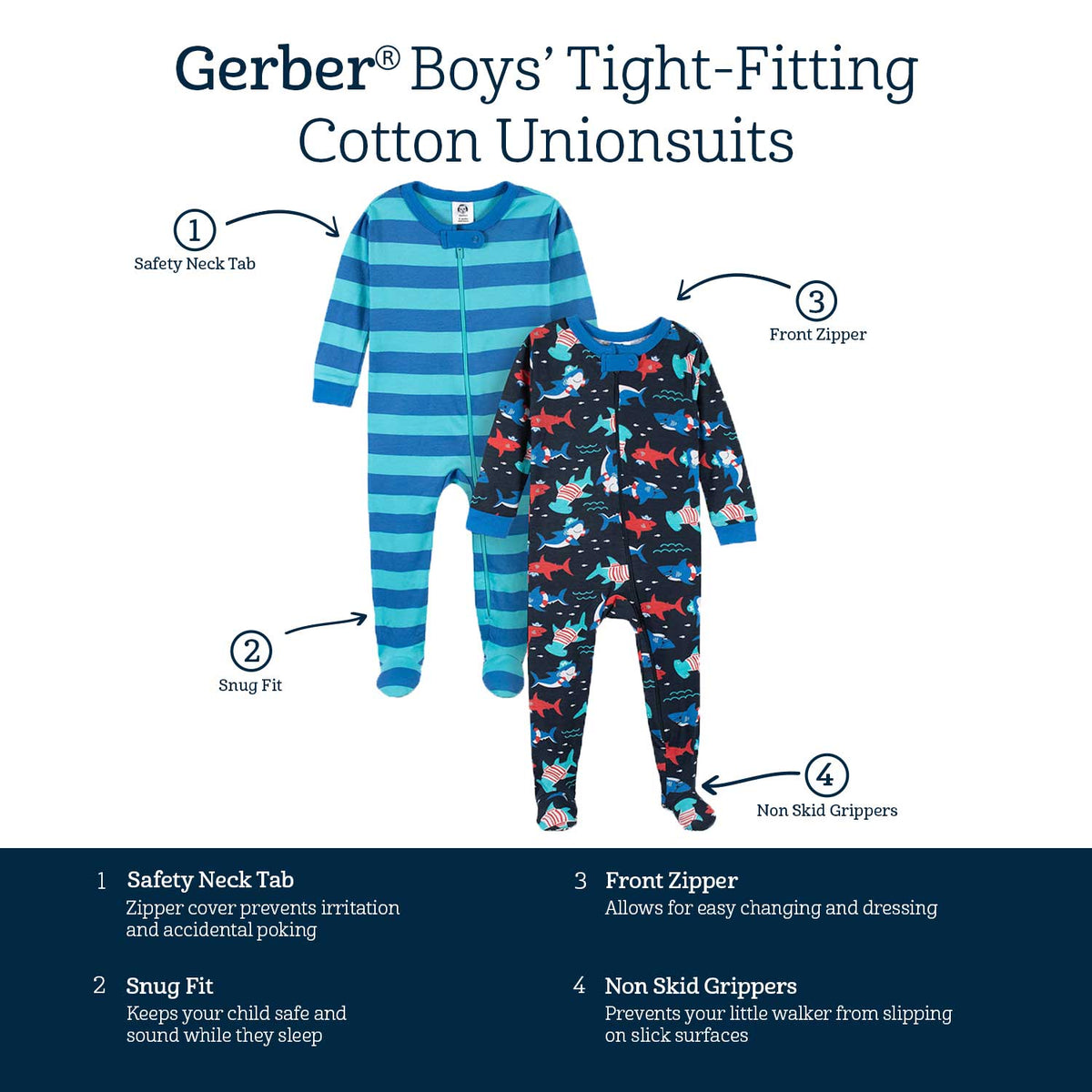 2-Pack Baby & Toddler Boys Shark Zone Snug Fit Footed Cotton Pajamas-Gerber Childrenswear Wholesale
