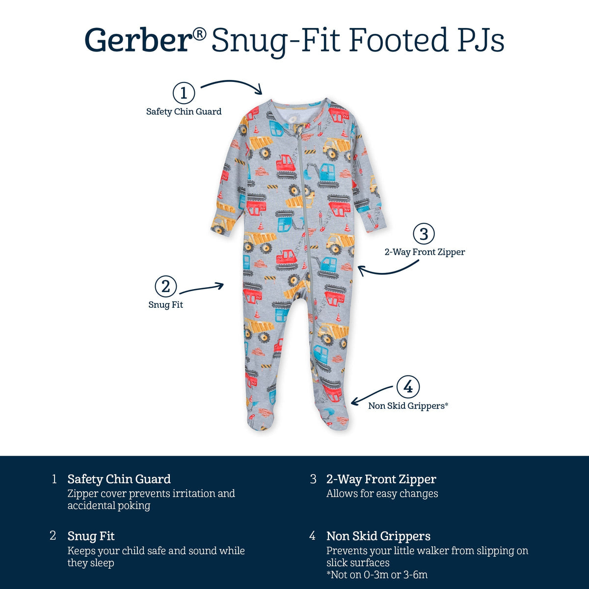 Baby & Toddler Boys Construction Trucks Buttery Soft Viscose Made from Eucalyptus Snug Fit Footed Pajamas-Gerber Childrenswear Wholesale