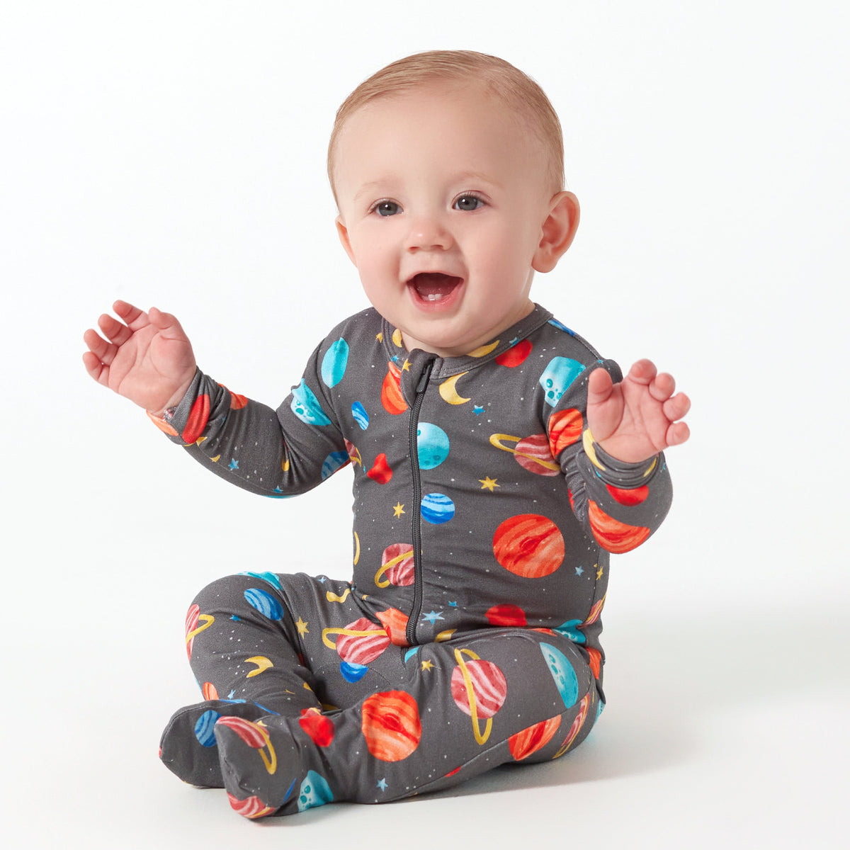 Baby & Toddler Outer Space Buttery Soft Viscose Made from Eucalyptus Snug Fit Footed Pajamas, lifestyle photo 1