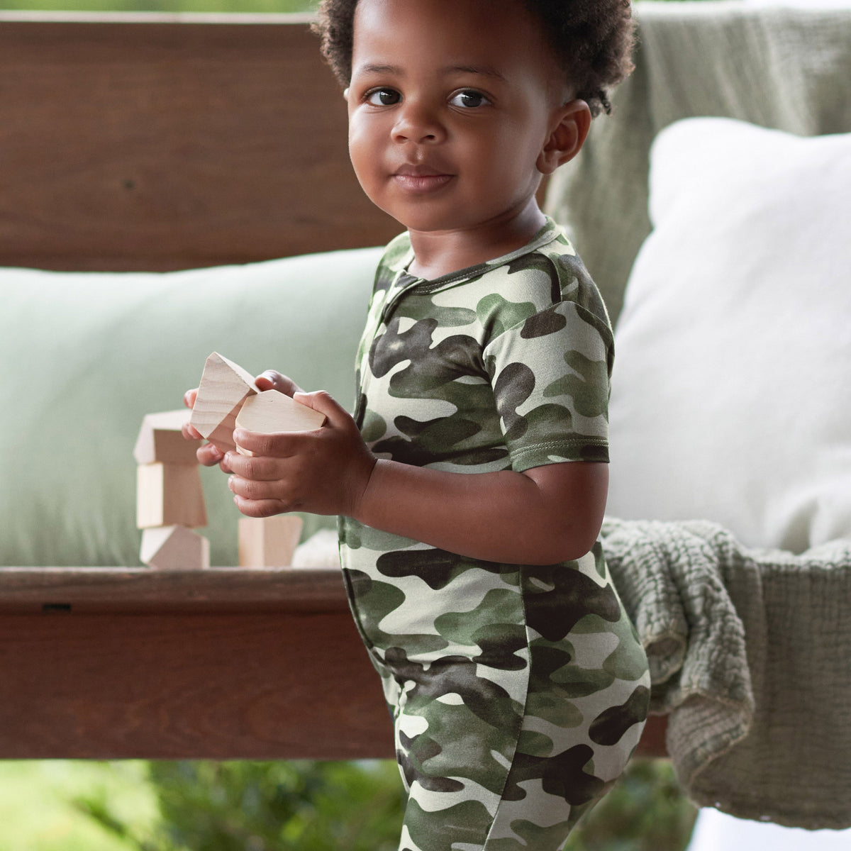 Baby Boys Hide & Seek Camo Buttery Soft Viscose Made from Eucalyptus Snug Fit Romper, lifestyle photo 3