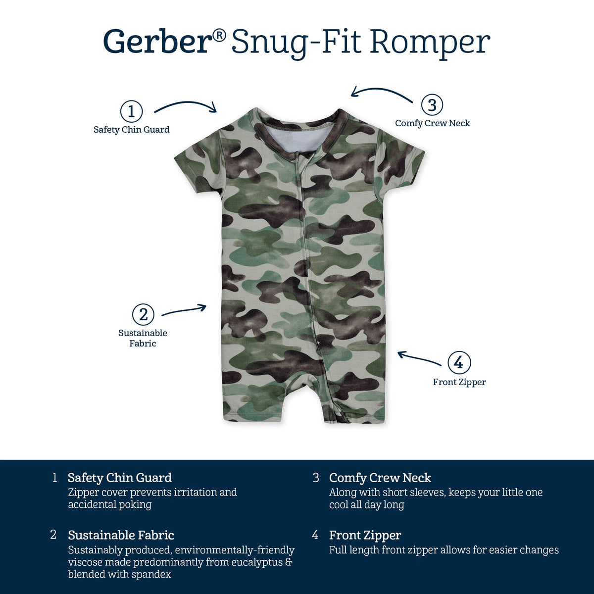 Baby Boys Hide & Seek Camo Buttery Soft Viscose Made from Eucalyptus Snug Fit Romper-Gerber Childrenswear Wholesale