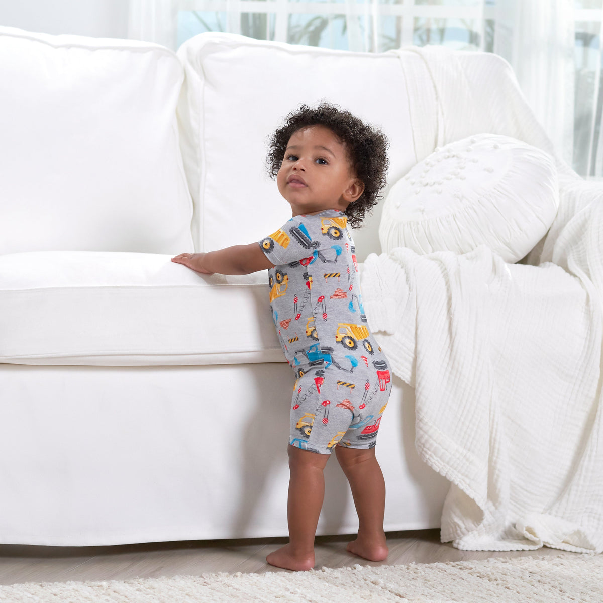 Baby Boys Construction Trucks Buttery Soft Viscose Made from Eucalyptus Snug Fit Romper, lifestyle photo 2