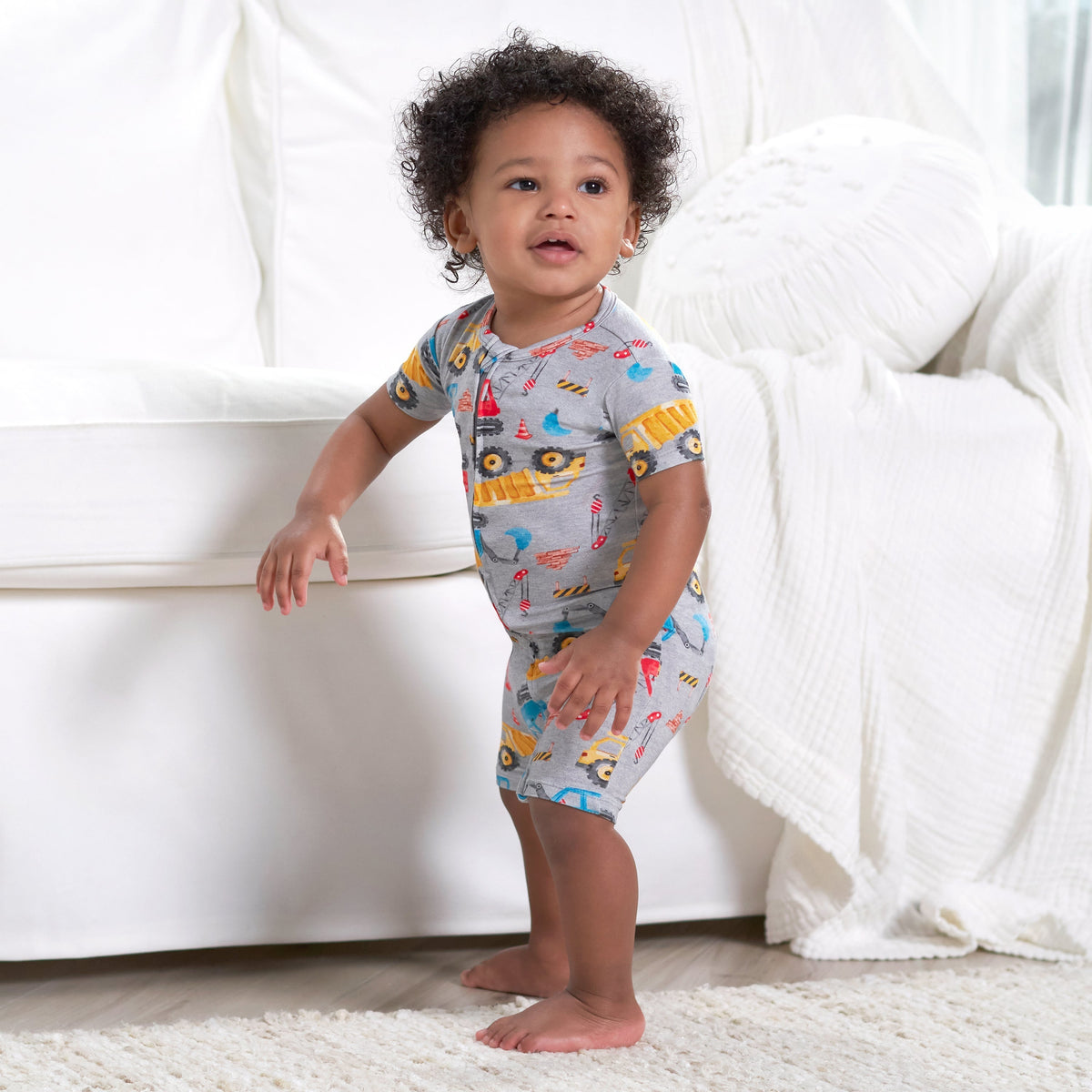 Baby Boys Construction Trucks Buttery Soft Viscose Made from Eucalyptus Snug Fit Romper, lifestyle photo 3