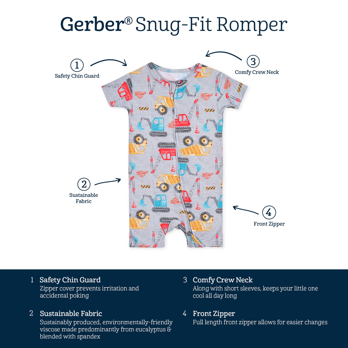 Baby Boys Construction Trucks Buttery Soft Viscose Made from Eucalyptus Snug Fit Romper-Gerber Childrenswear Wholesale
