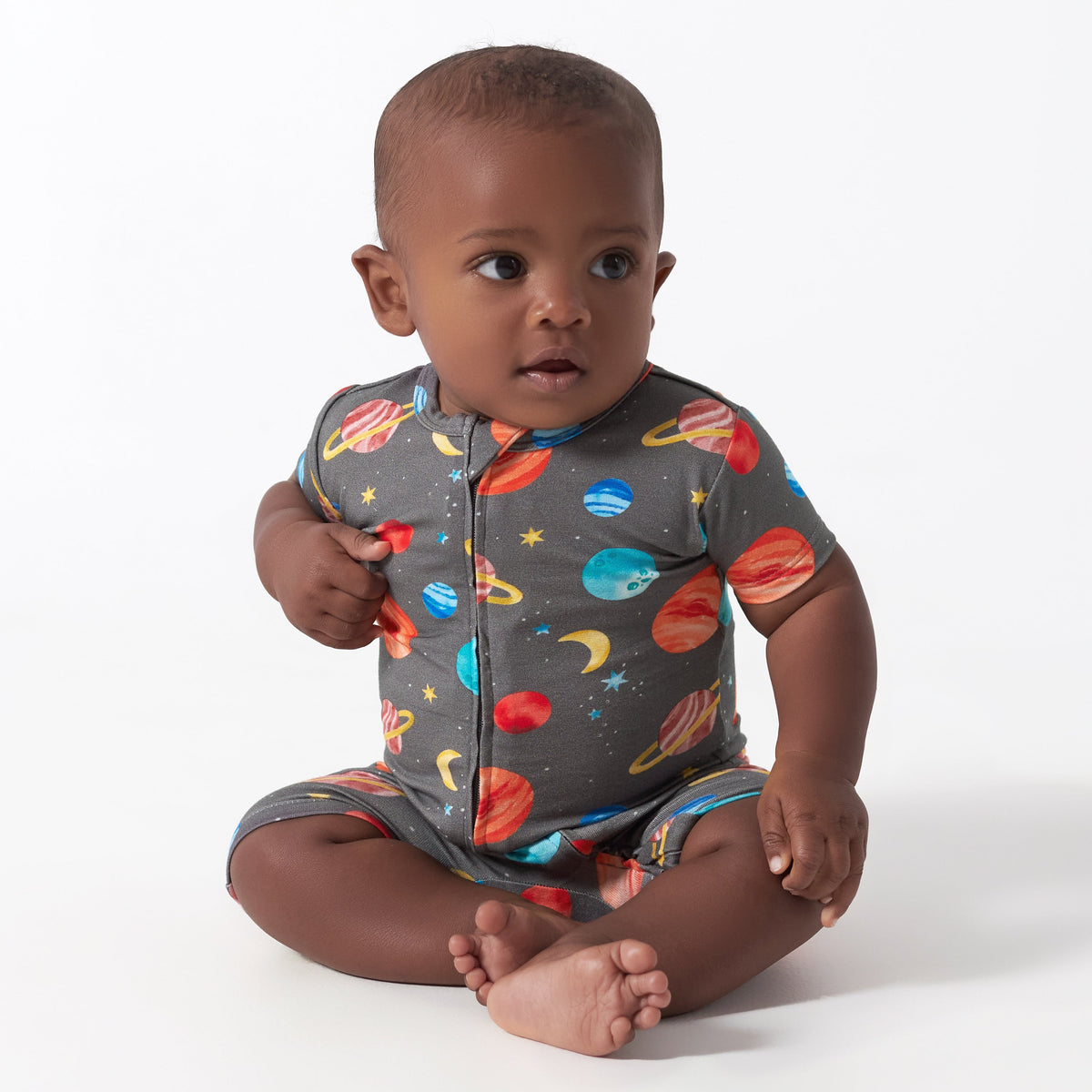 Baby Outer Space Buttery Soft Viscose Made from Eucalyptus Snug Fit Romper, lifestyle photo 1