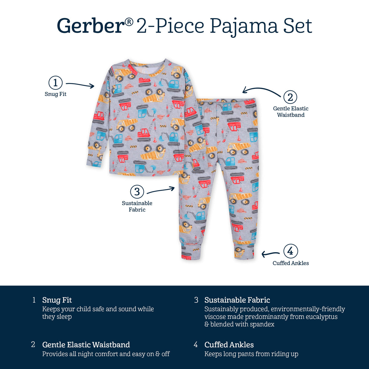 2-Piece Infant & Toddler Boys Construction Trucks Buttery Soft Viscose Made from Eucalyptus Snug Fit Pajamas-Gerber Childrenswear Wholesale