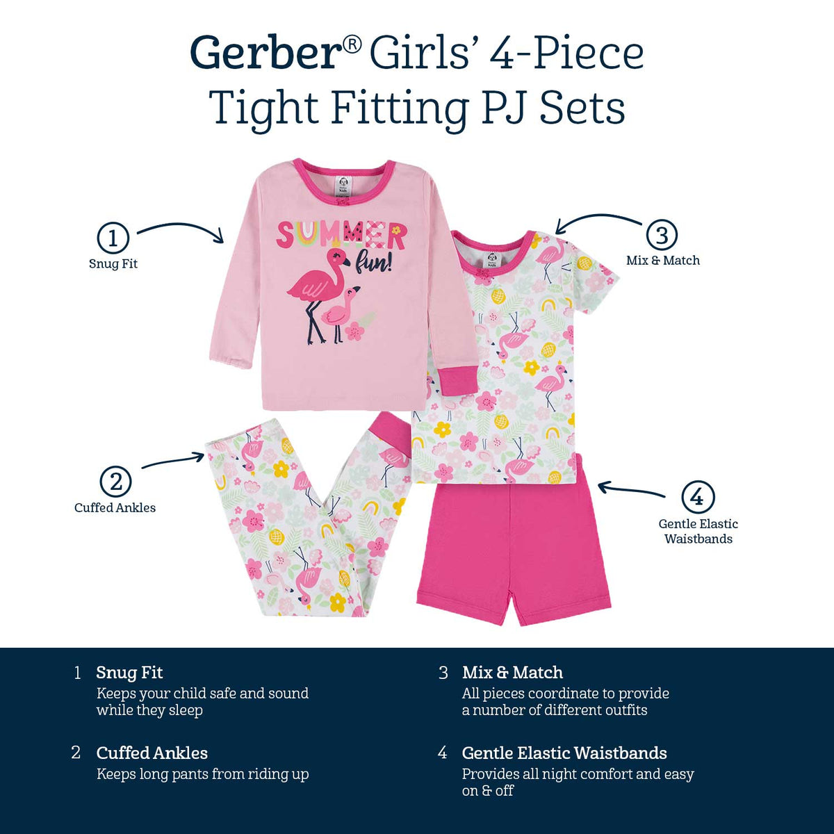 4-Piece Infant & Toddler Girls Summer Blossom Snug Fit Cotton Pajamas-Gerber Childrenswear Wholesale