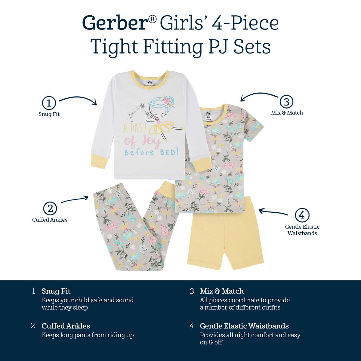 4-Piece Infant & Toddler Girls Yellow Garden Snug Fit Cotton Pajamas-Gerber Childrenswear Wholesale