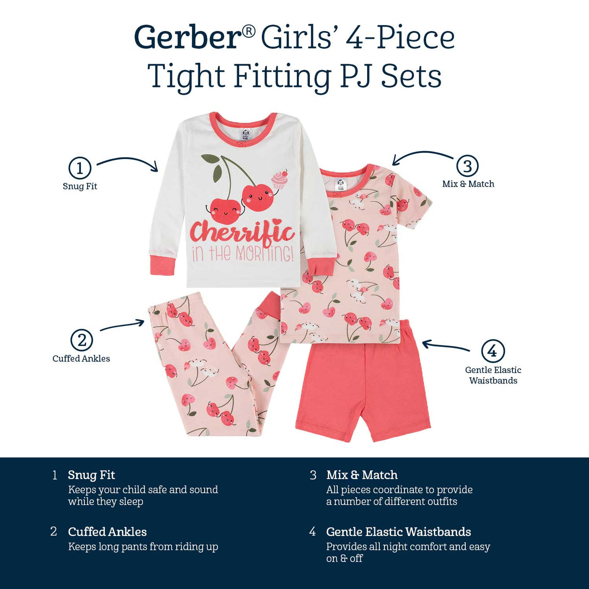 4-Piece Infant & Toddler Girls Cherry Kisses Snug Fit Cotton Pajamas-Gerber Childrenswear Wholesale