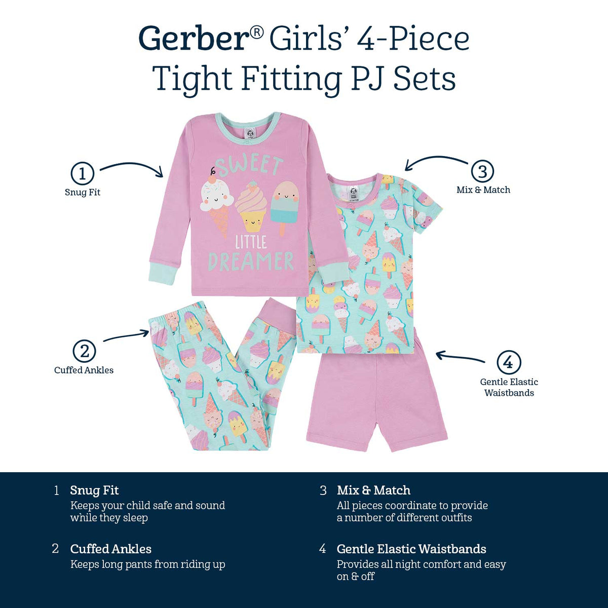 4-Piece Infant & Toddler Girls Ice Cream Dreams Snug Fit Cotton Pajamas-Gerber Childrenswear Wholesale