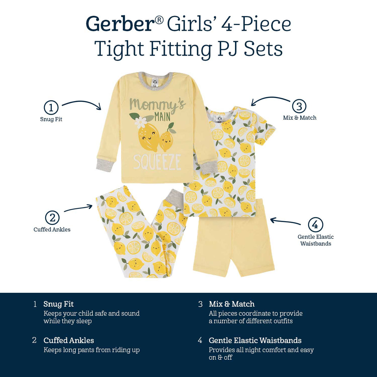 4-Piece Infant & Toddler Girls Lemon Squeeze Snug Fit Cotton Pajamas-Gerber Childrenswear Wholesale