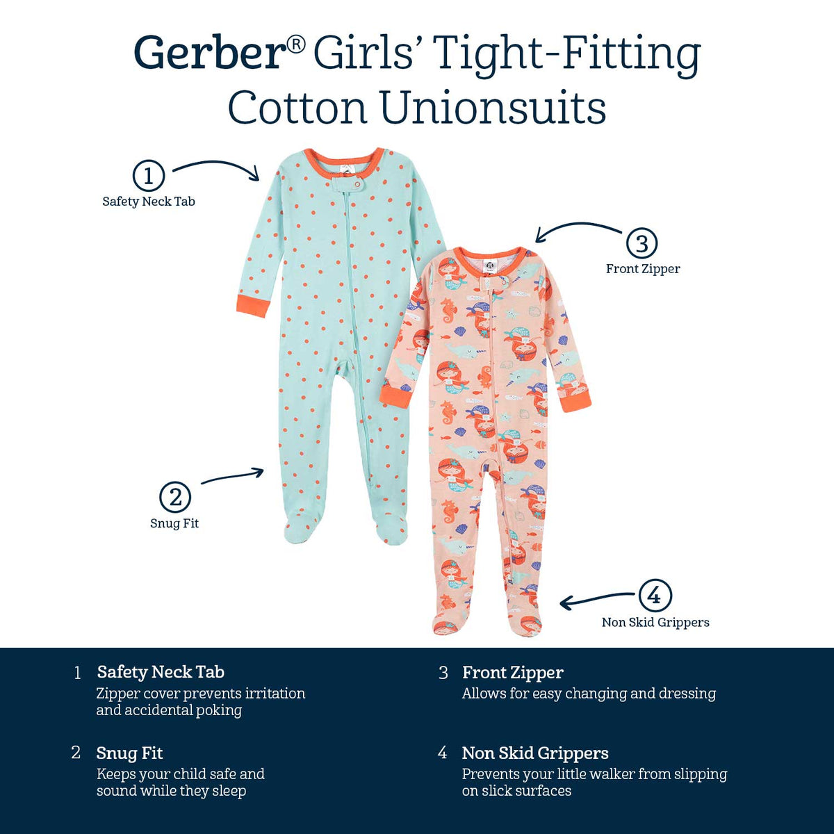 2-Pack Baby & Toddler Girls Mermaid Snug Fit Footed Cotton Pajamas-Gerber Childrenswear Wholesale