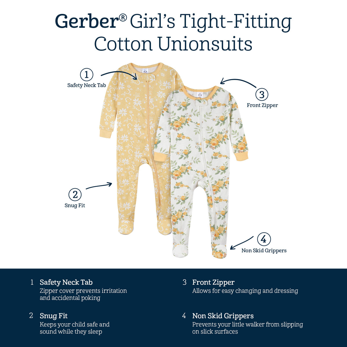 2-Pack Baby & Toddler Girls Golden Flowers Snug Fit Footed Cotton Pajamas-Gerber Childrenswear Wholesale