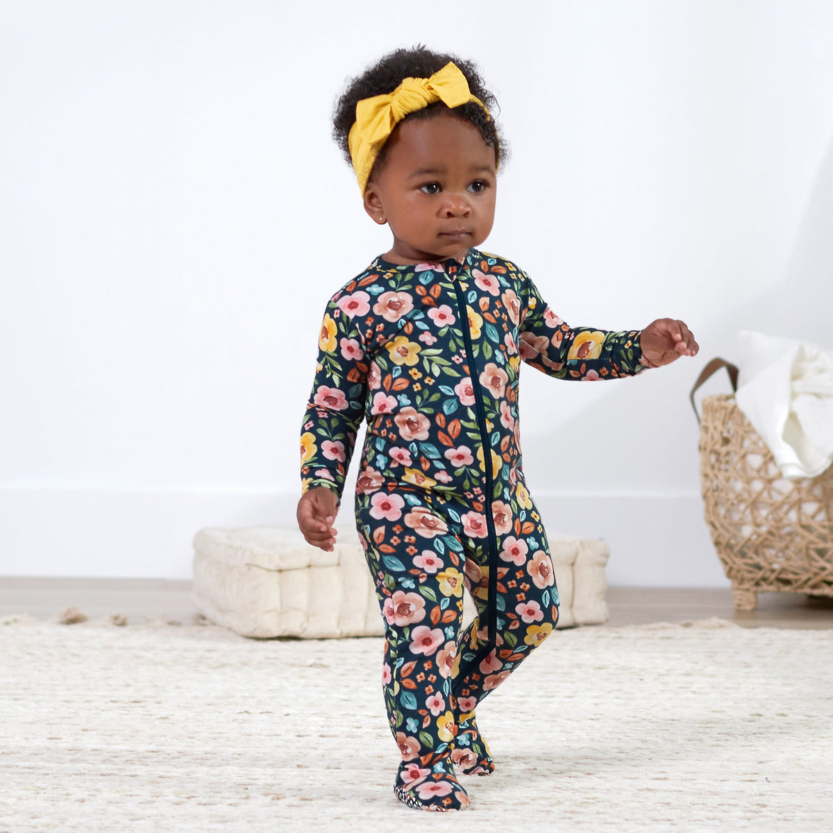 Baby & Toddler Girls Midnight Floral Buttery Soft Viscose Made from Eucalyptus Snug Fit Footed Pajamas, lifestyle photo 2