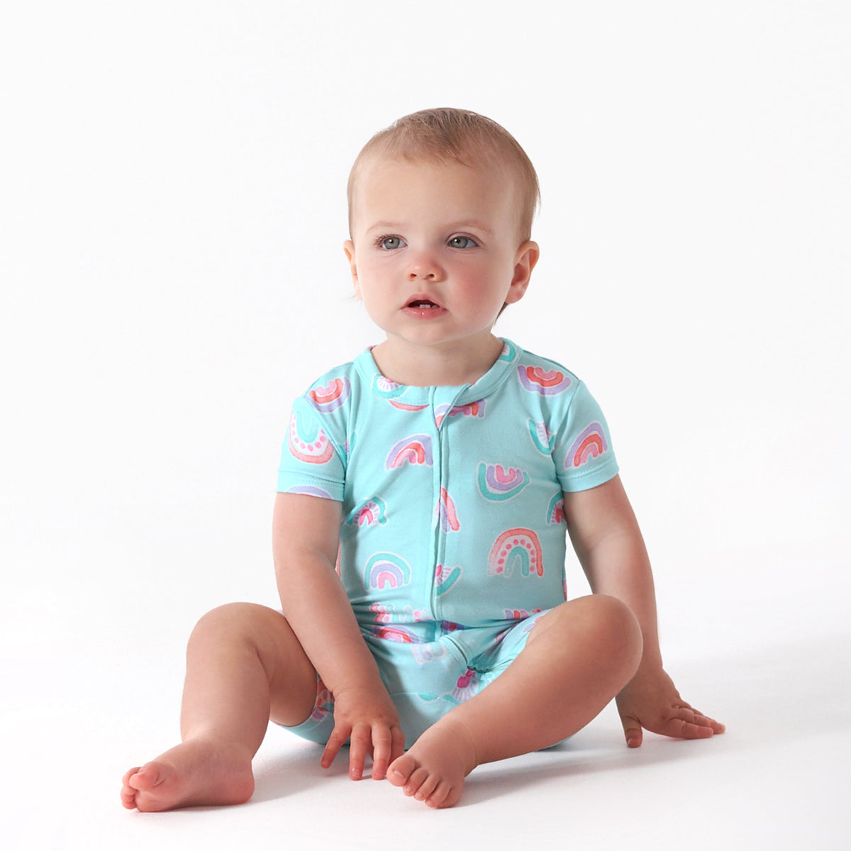 Baby Girls Rainbow Sky Buttery Soft Viscose Made from Eucalyptus Snug Fit Romper, lifestyle photo 1