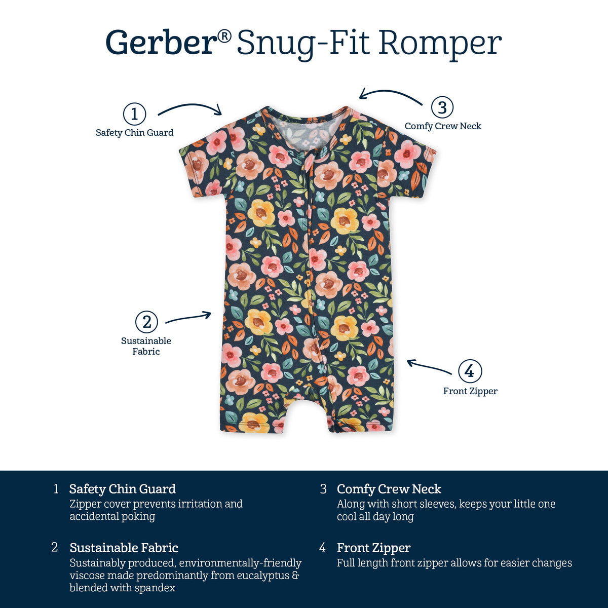 Baby Girls Midnight Floral Buttery Soft Viscose Made from Eucalyptus Snug Fit Romper-Gerber Childrenswear Wholesale