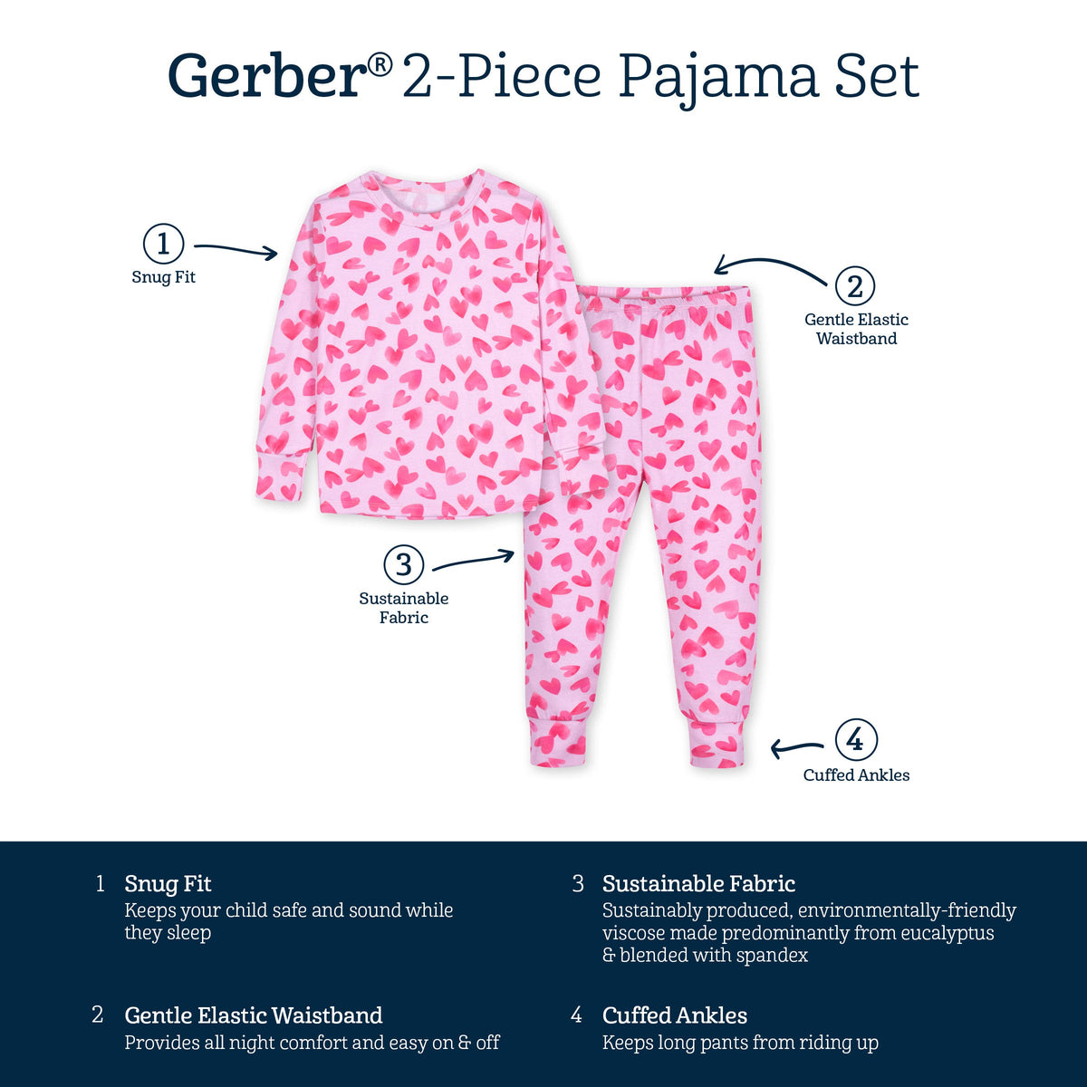 2-Piece Infant & Toddler Girls Heartfelt Buttery Soft Viscose Made from Eucalyptus Snug Fit Pajamas-Gerber Childrenswear Wholesale