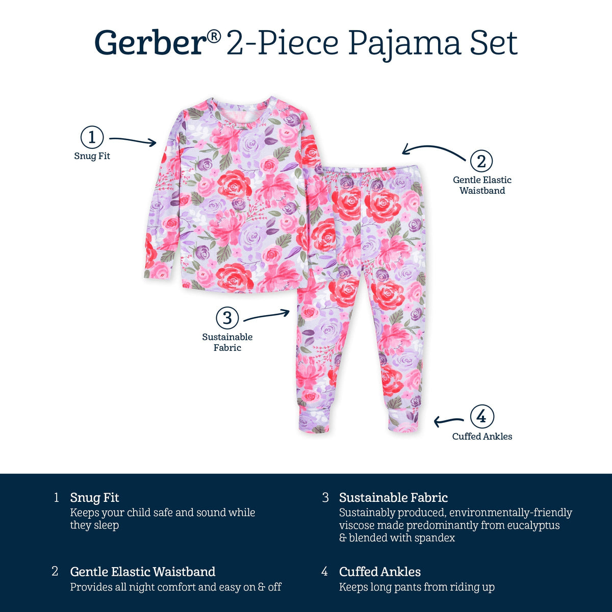 2-Piece Infant & Toddler Girls Lilac Garden Buttery Soft Viscose Made from Eucalyptus Snug Fit Pajamas-Gerber Childrenswear Wholesale