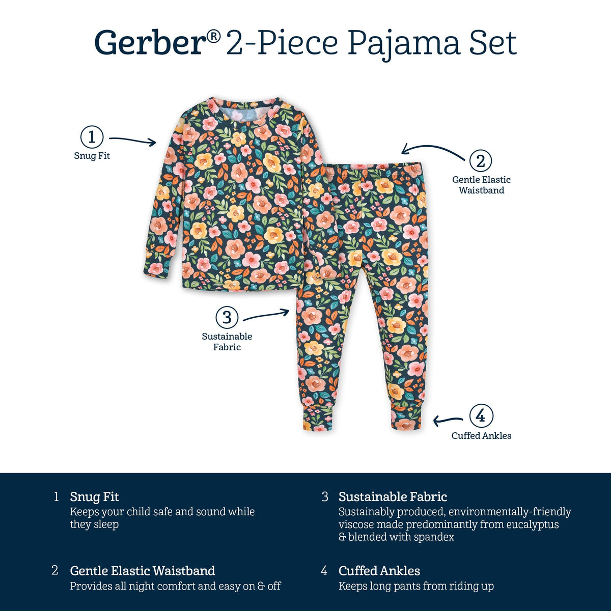 2-Piece Infant & Toddler Girls Midnight Floral Buttery Soft Viscose Made from Eucalyptus Snug Fit Pajamas-Gerber Childrenswear Wholesale