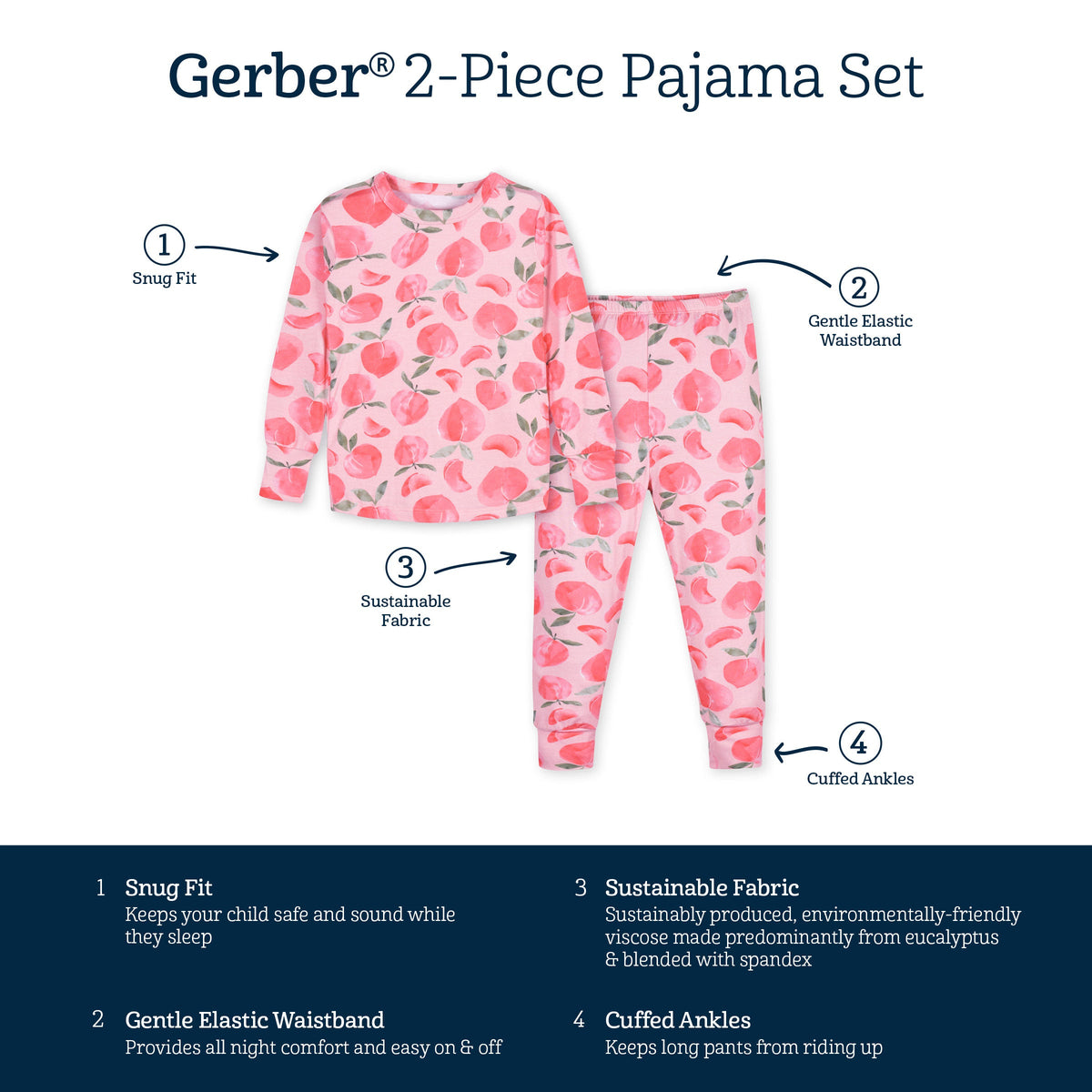 2-Piece Infant & Toddler Girls Just Peachy Buttery Soft Viscose Made from Eucalyptus Snug Fit Pajamas-Gerber Childrenswear Wholesale