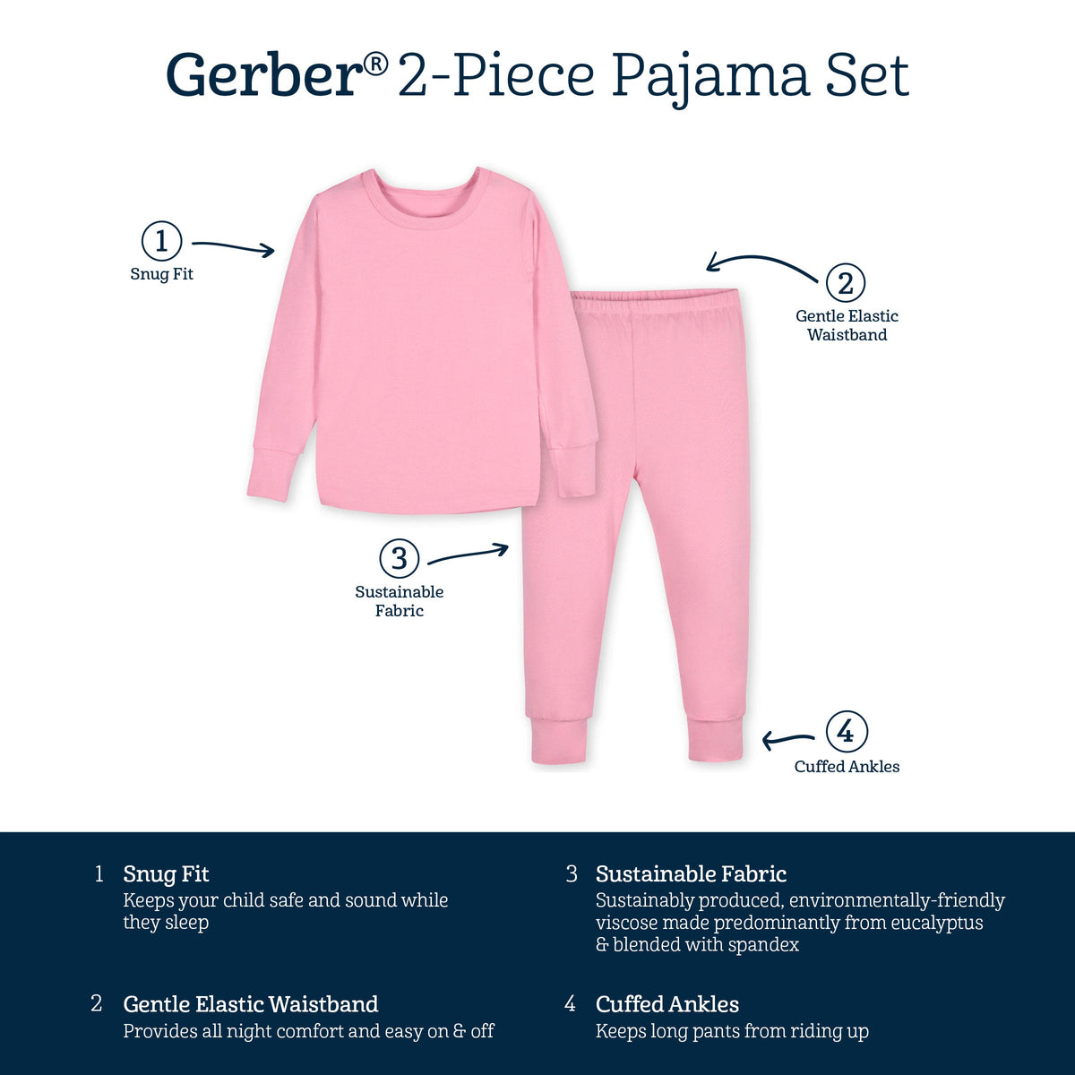 2-Piece Infant & Toddler Pink Lemonade Buttery Soft Viscose Made from Eucalyptus Snug Fit Pajamas-Gerber Childrenswear Wholesale