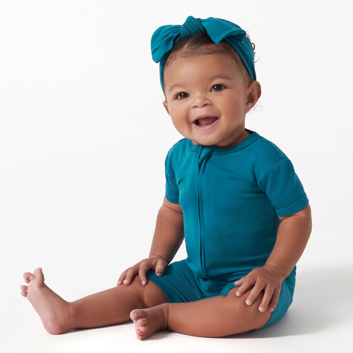 Baby Ocean Teal Buttery Soft Viscose Made from Eucalyptus Snug Fit Romper, lifestyle photo 1