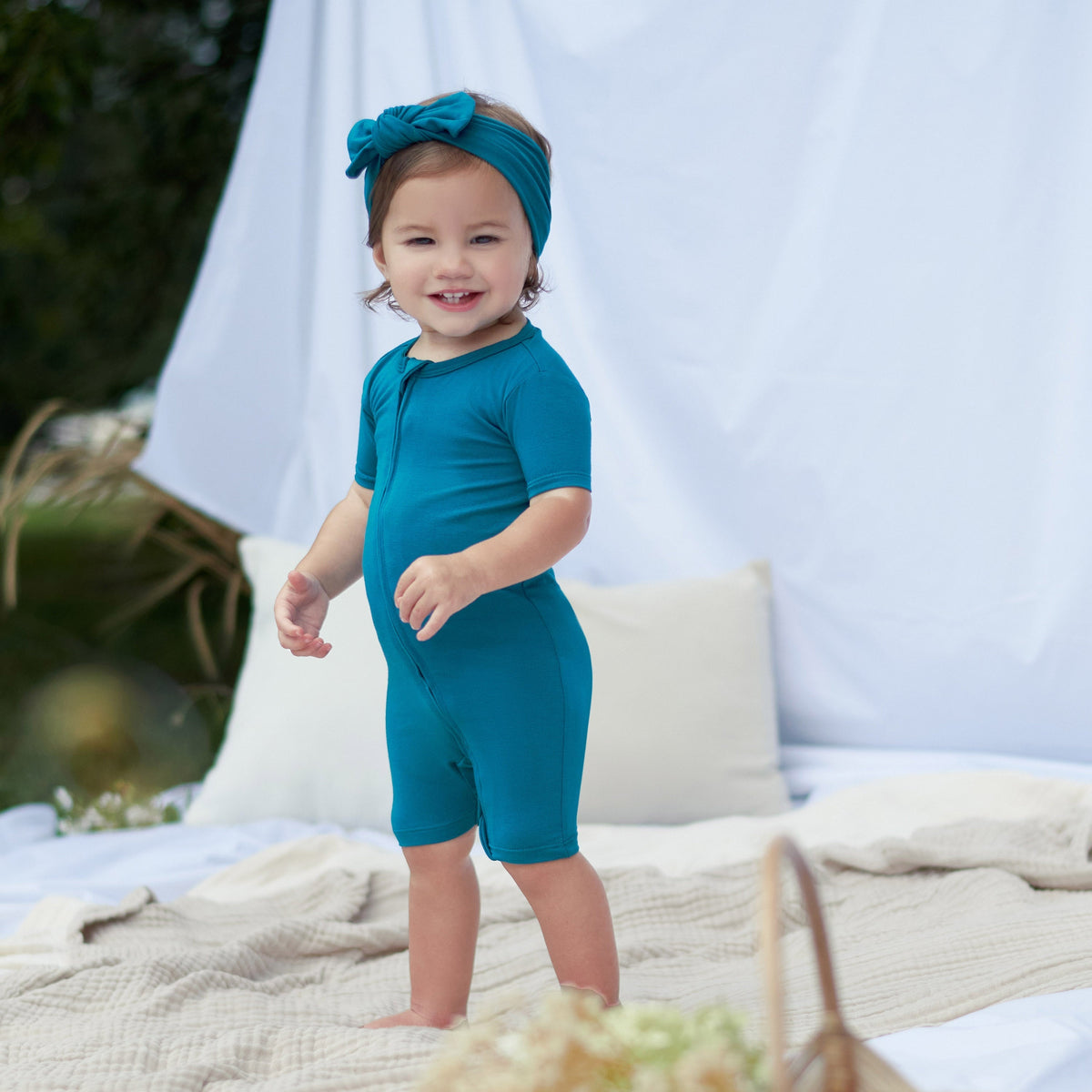 Baby Ocean Teal Buttery Soft Viscose Made from Eucalyptus Snug Fit Romper, lifestyle photo 3