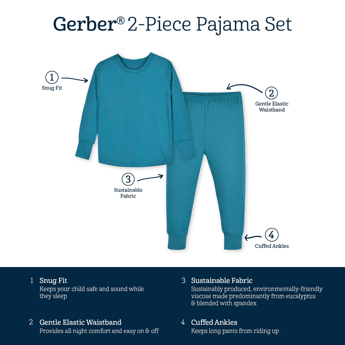 2-Piece Infant & Toddler Ocean Teal Buttery Soft Viscose Made from Eucalyptus Snug Fit Pajamas-Gerber Childrenswear Wholesale