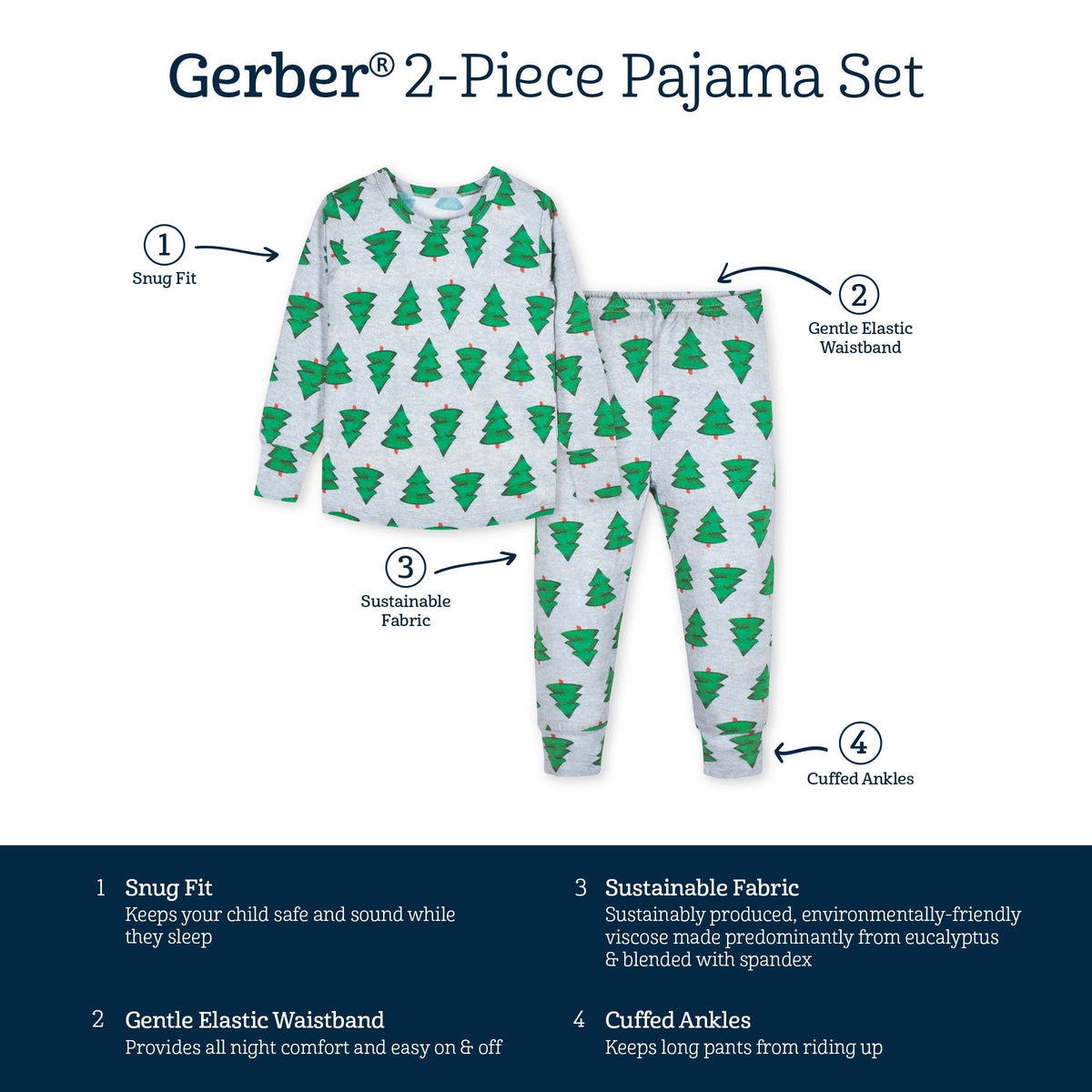 2-Piece Infant & Toddler Spruce Buttery Soft Viscose Made from Eucalyptus Snug Fit Holiday Pajamas-Gerber Childrenswear Wholesale