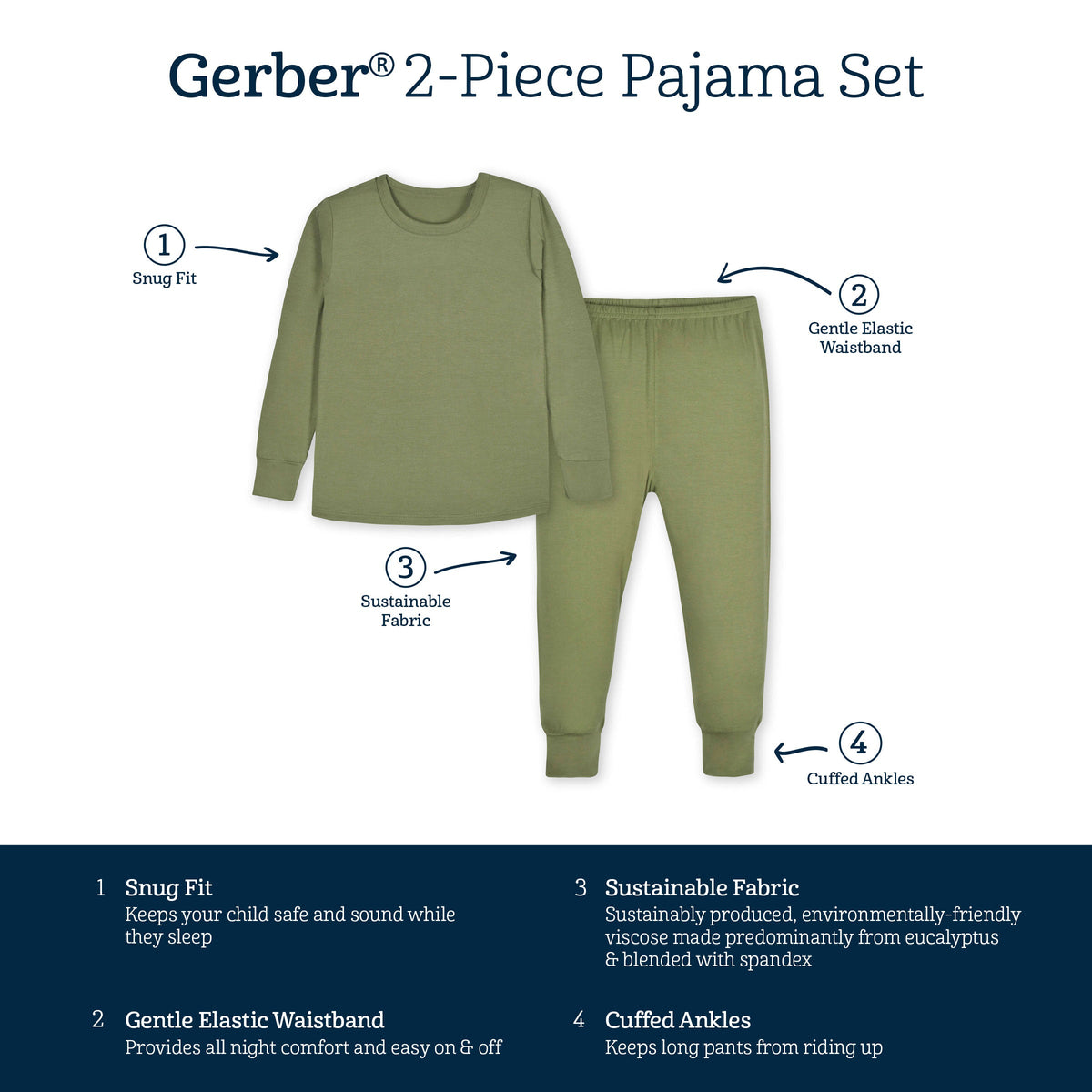 2-Piece Infant & Toddler Moss Buttery Soft Viscose Made from Eucalyptus Snug Fit Pajamas-Gerber Childrenswear Wholesale