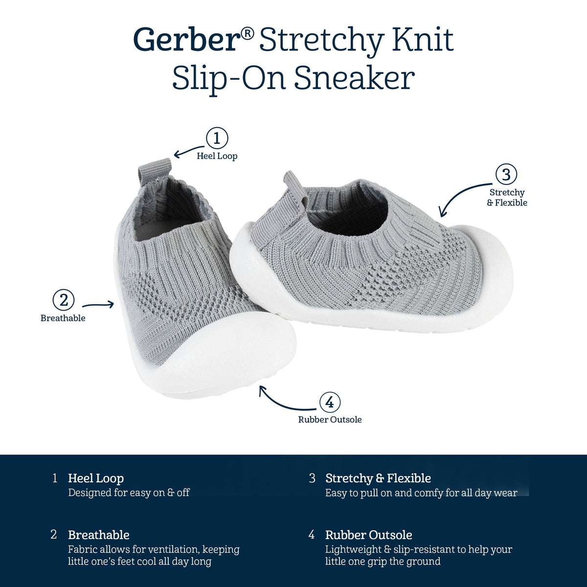 Baby Gray Stretchy Knit Slip-On Sneaker-Gerber Childrenswear Wholesale