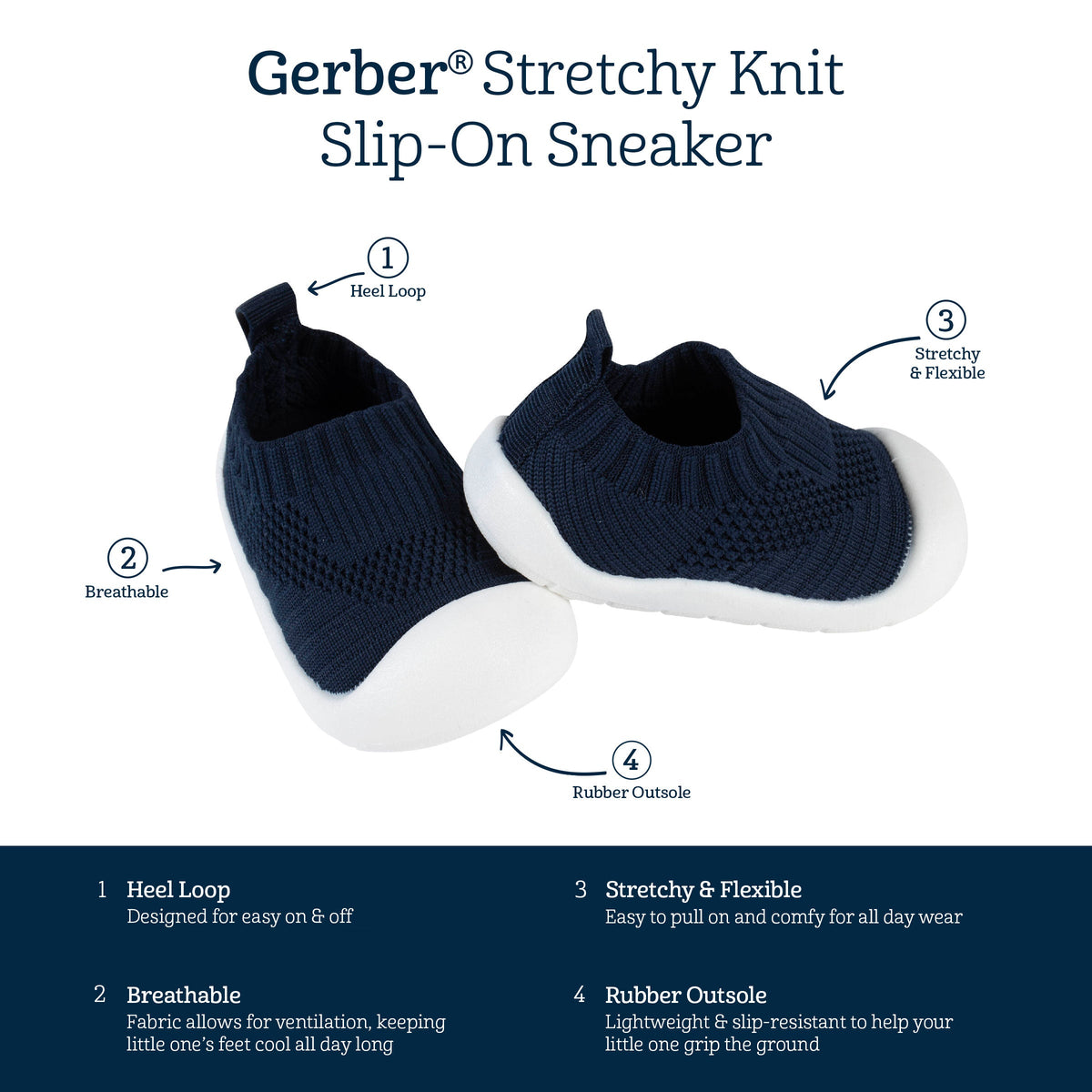 Baby Navy Stretchy Knit Slip-On Sneaker-Gerber Childrenswear Wholesale