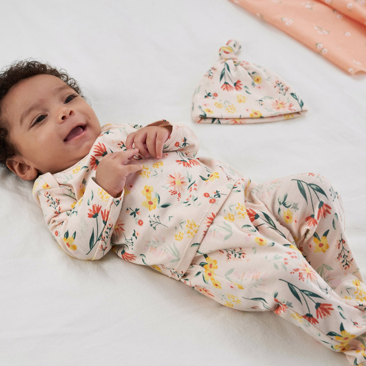 3-Piece Baby Girls Wildflower Long Sleeve Shirt, Footed Pant, & Cap Set, lifestyle photo 1