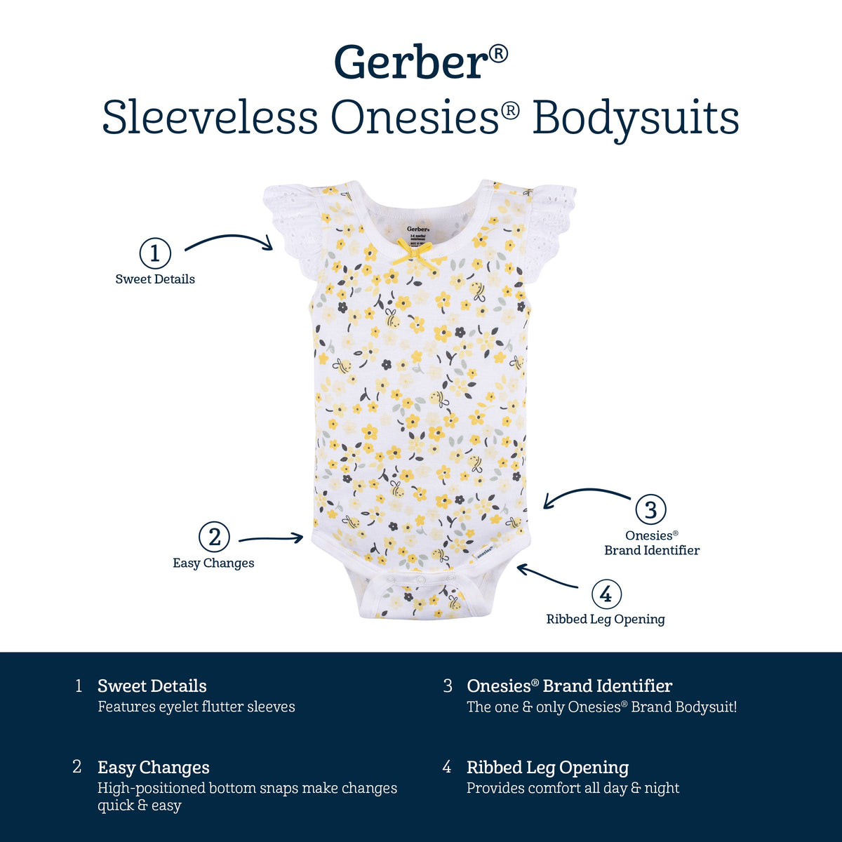 4-Pack Baby Girls Bee Garden Sleeveless Onesies® Bodysuits-Gerber Childrenswear Wholesale