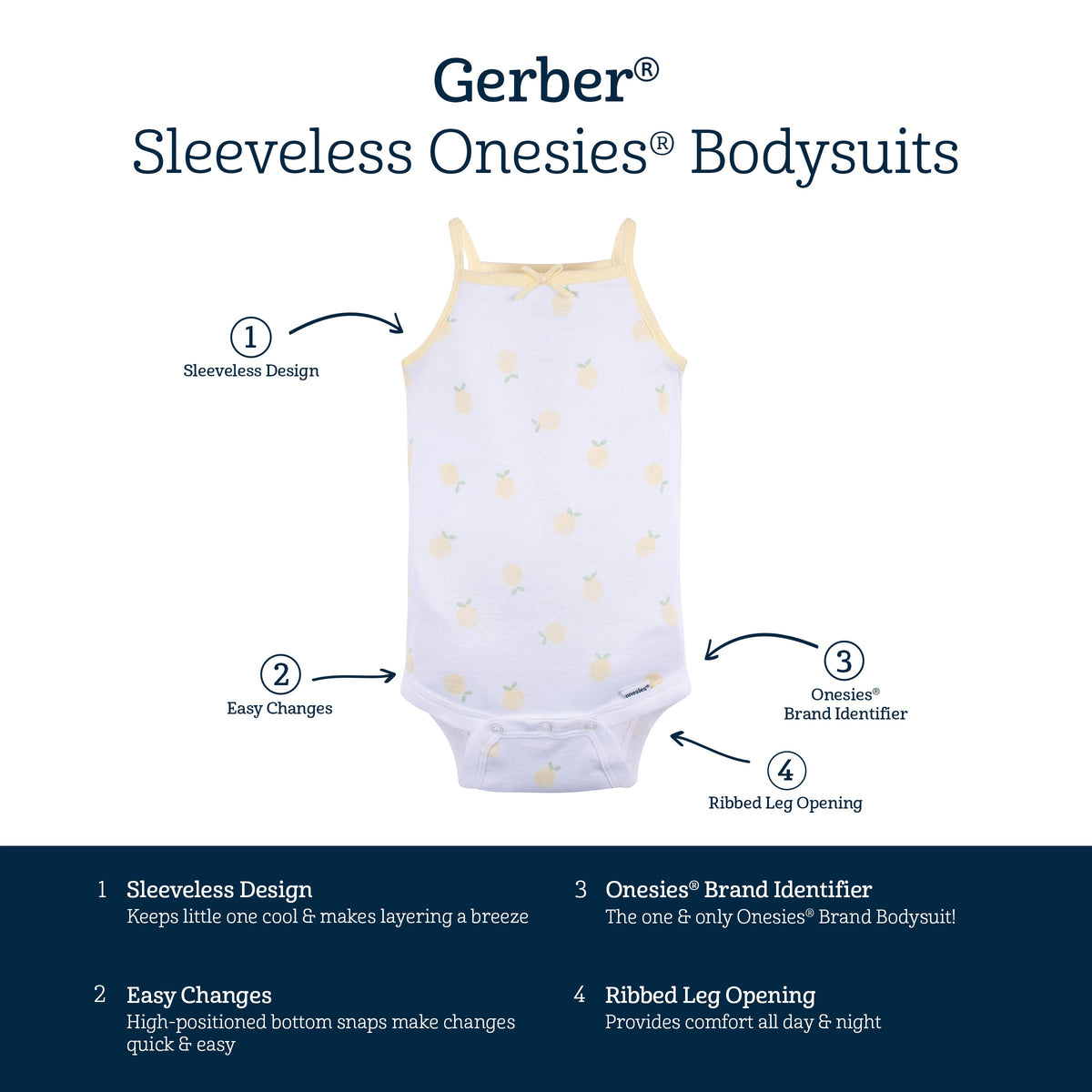 4-Pack Baby Girls Little Lemon Sleeveless Onesies® Bodysuits-Gerber Childrenswear Wholesale