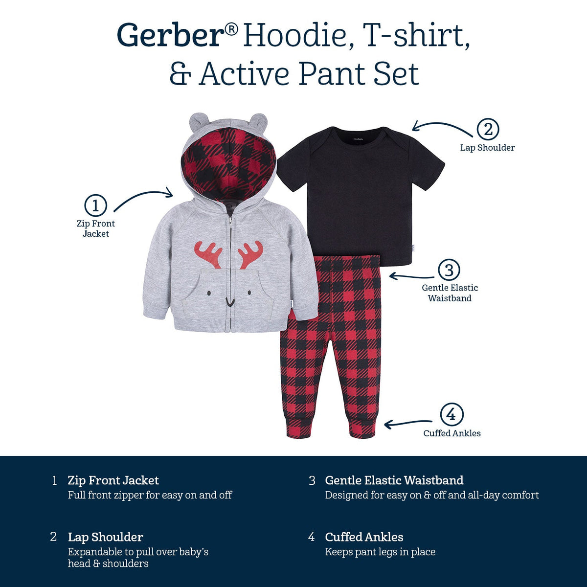 3-Piece Baby Boys Moose Hoodie, T-Shirt & Active Pant Set, view 8