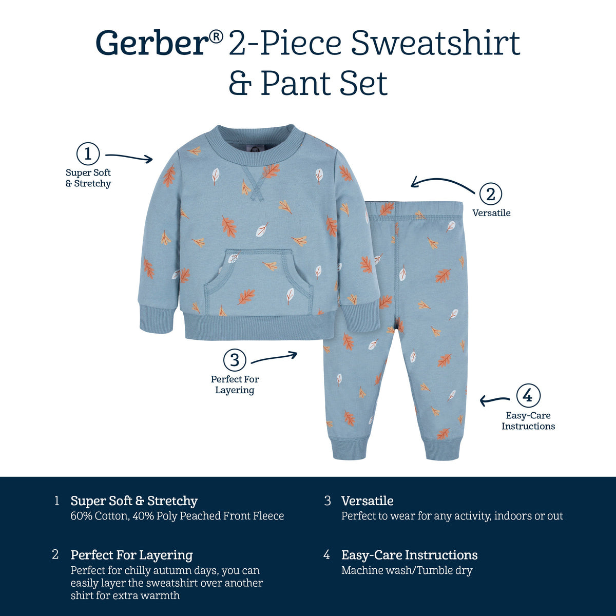 2-Piece Baby & Toddler Boys Blue Leaves Sweatshirt & Pant Set-Gerber Childrenswear Wholesale